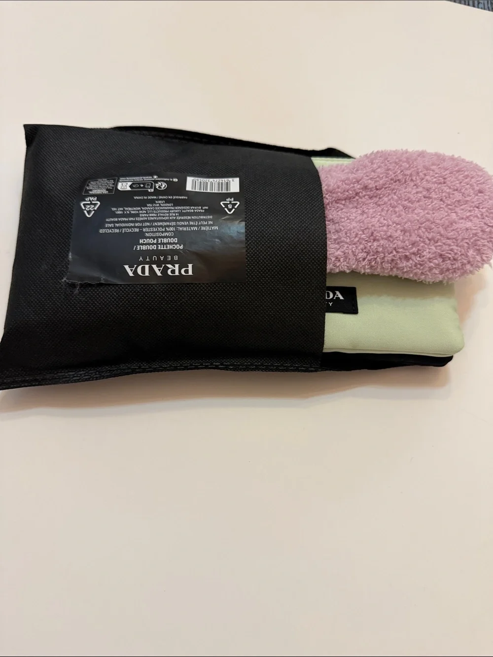 Prada Beauty Black & Light Green Pouches with Pink Plush Sleep Mask